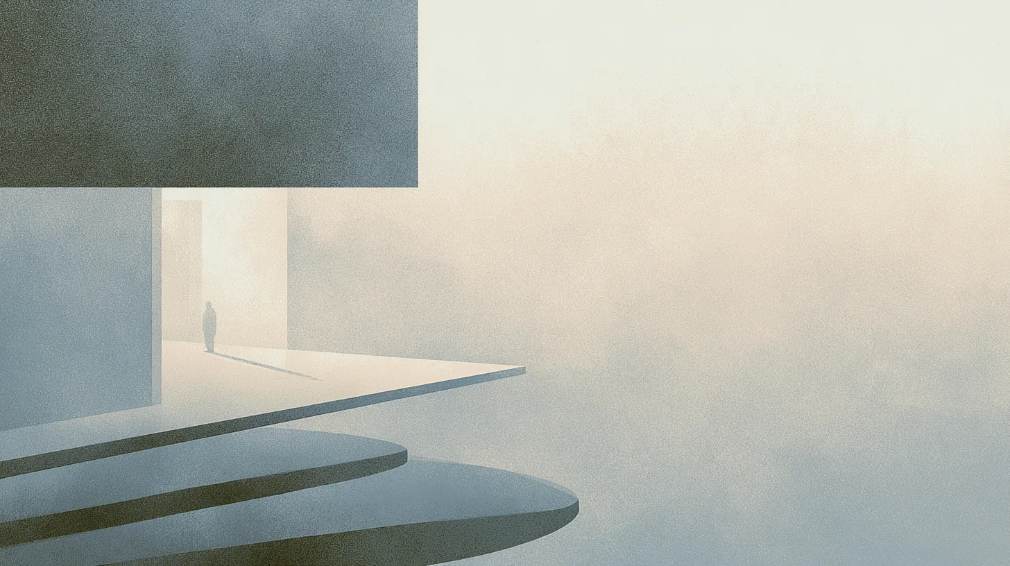 A solitary figure moving through layered architectural spaces that gradually open into wider forms of grounded participation and perceptual clarity.