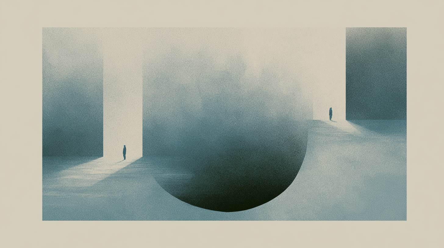 Tiny solitary figures pausing within monumental suspended architectural recovery spaces shaped by reflection, thresholds, and awareness.