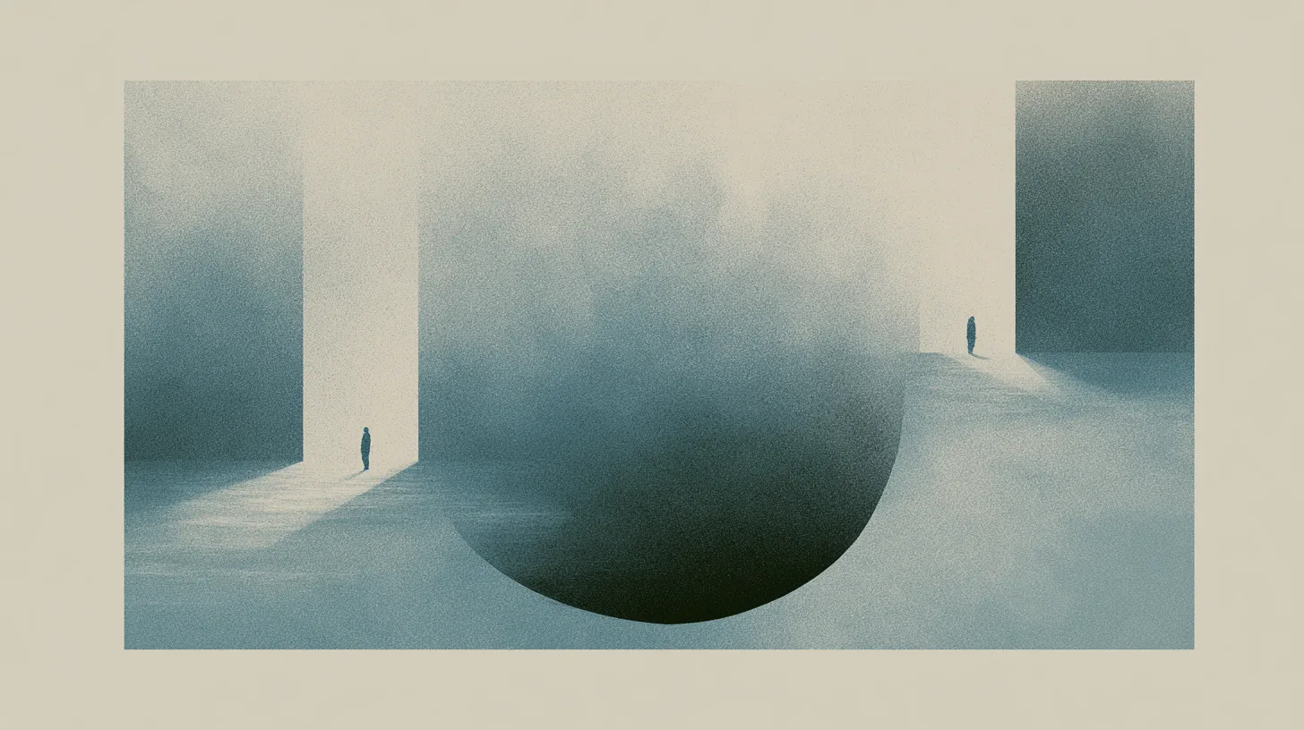 Tiny solitary figures pausing within monumental suspended architectural recovery spaces shaped by reflection, thresholds, and awareness.