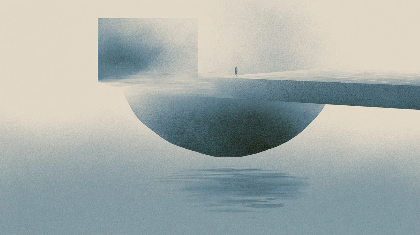 Tiny human figure standing on a suspended pathway above a reflective architectural void within a fog-filled contemplative recovery environment.