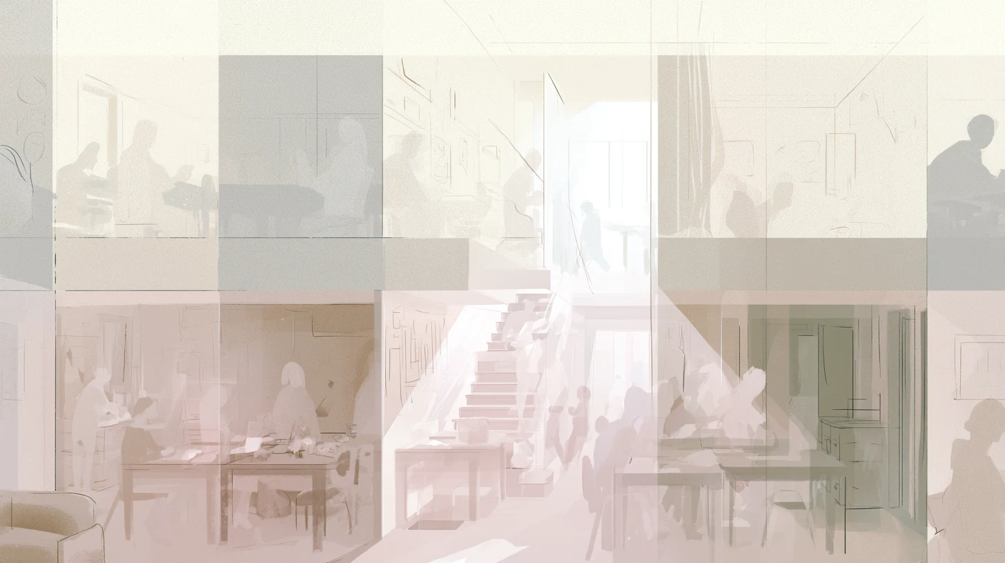 A softly lit communal interior with layered translucent rooms, a central stairwell, worktables, and faint figures moving or sitting in ordinary routines.