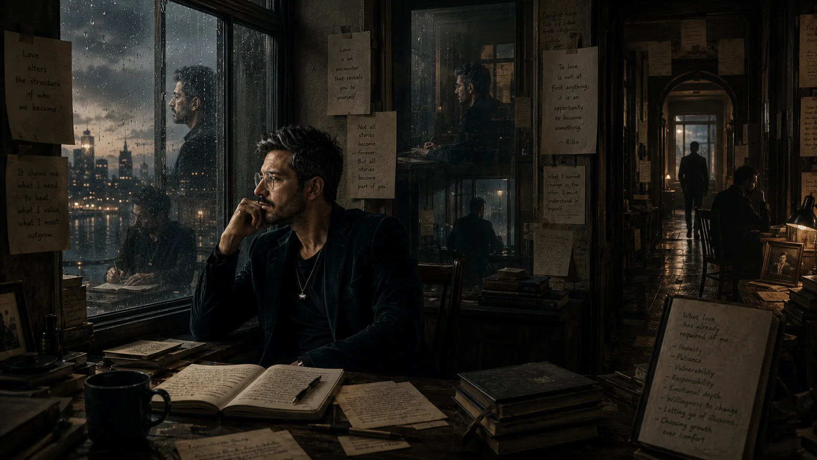 A man sits alone in a dim reflective study beside rain-streaked windows, surrounded by journals, handwritten notes, books, mirrored versions of himself, and recursive hallways.