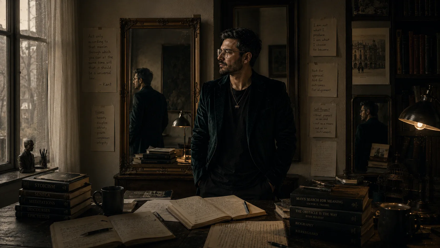 A reflective man standing within a dim philosophical study surrounded by notebooks, mirrors, and unfinished manuscripts, suggesting growth grounded in values rather than external validation.