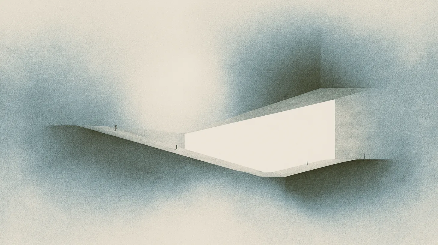 Tiny solitary figures repeatedly traversing suspended architectural pathways integrated into monumental institutional recovery environments.