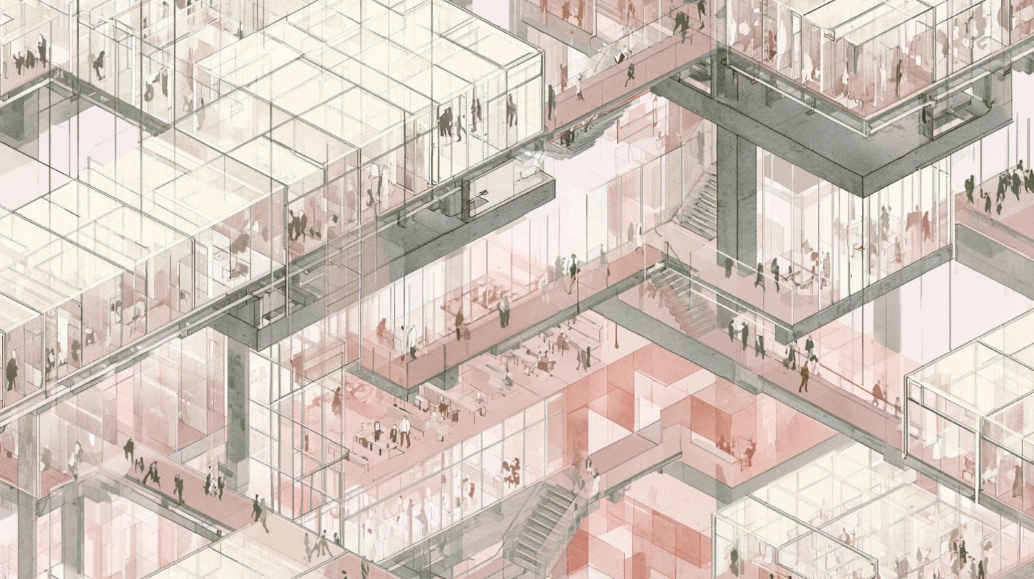 A vast transparent communal architectural structure composed of layered glass corridors, open shared spaces, suspended walkways, and interconnected recovery-house environments filled with small human figures gradually moving from isolation toward participation within a supportive collective structure.