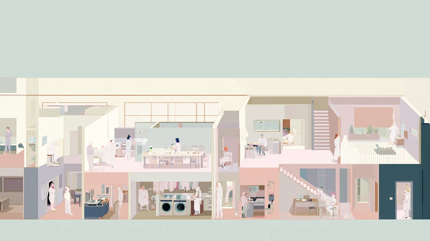 A wide cutaway view of a softly lit recovery residence shows figures dispersed through shared rooms, laundry, stairs, tables, and open thresholds.