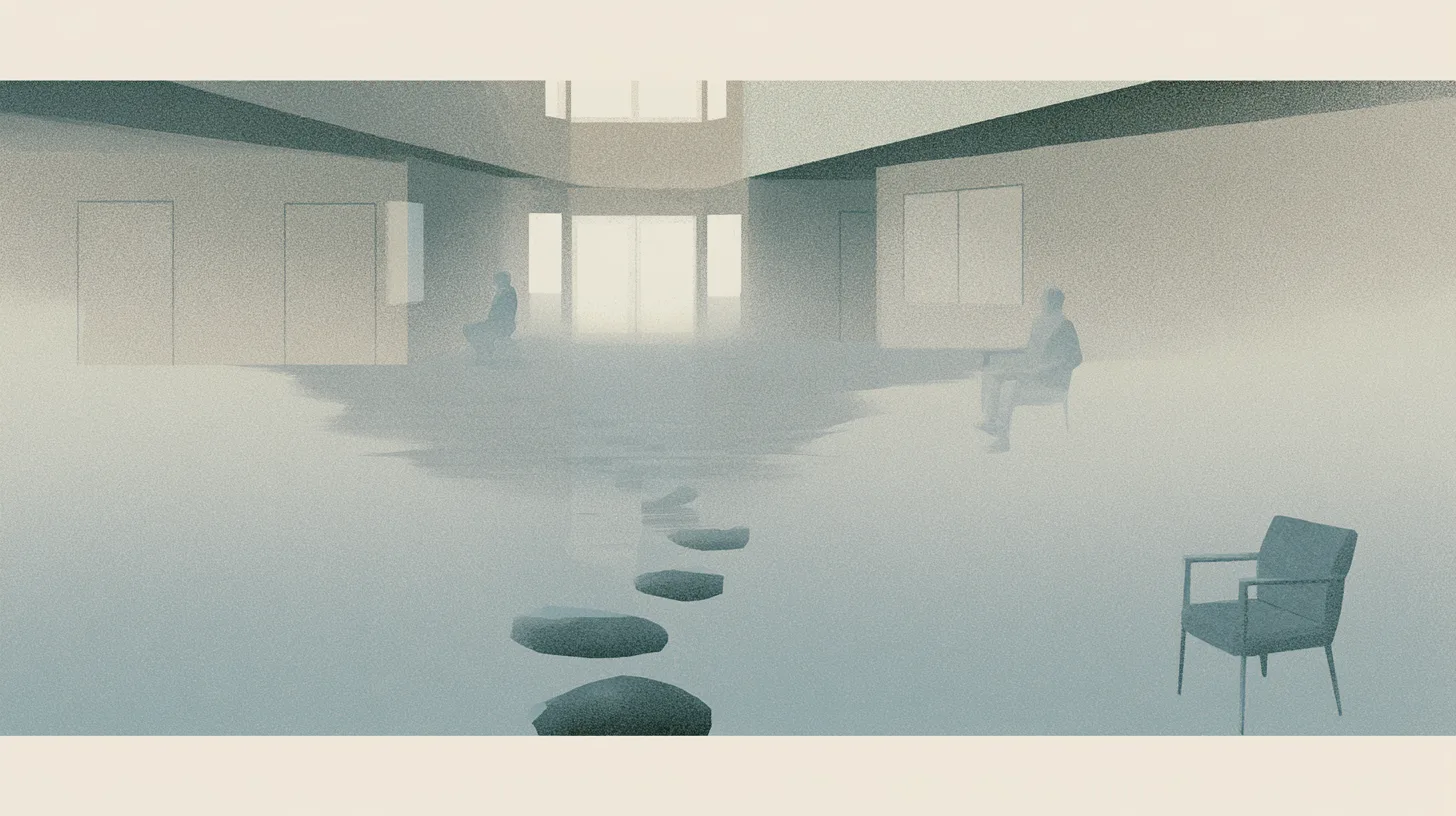 Figures remaining within a layered architectural interior that conveys structure, continuity, accountability, and grounded environmental support.