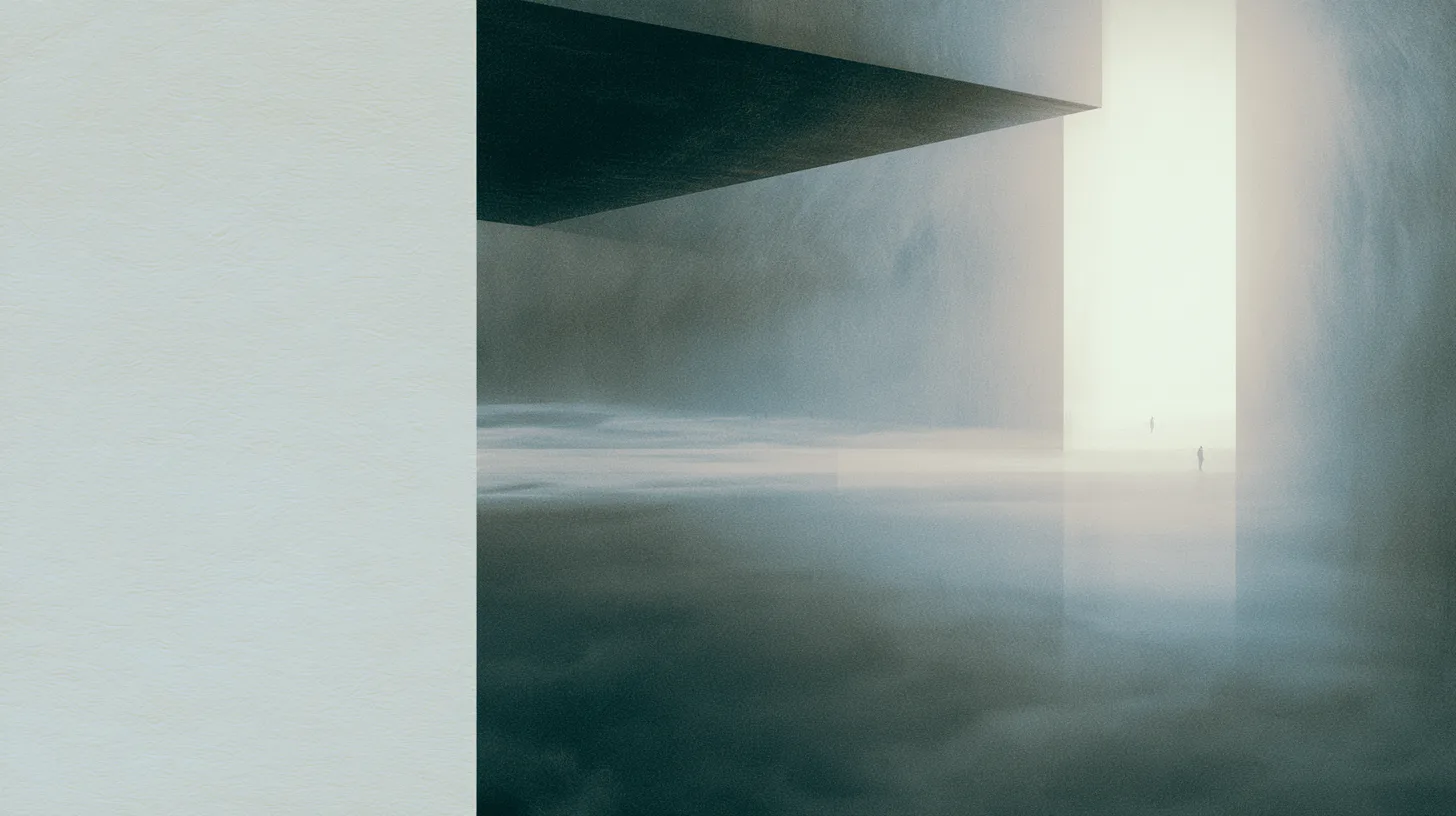 Tiny human figures within vast contemplative recovery architecture featuring suspended structures, open thresholds, and atmospheric fog.