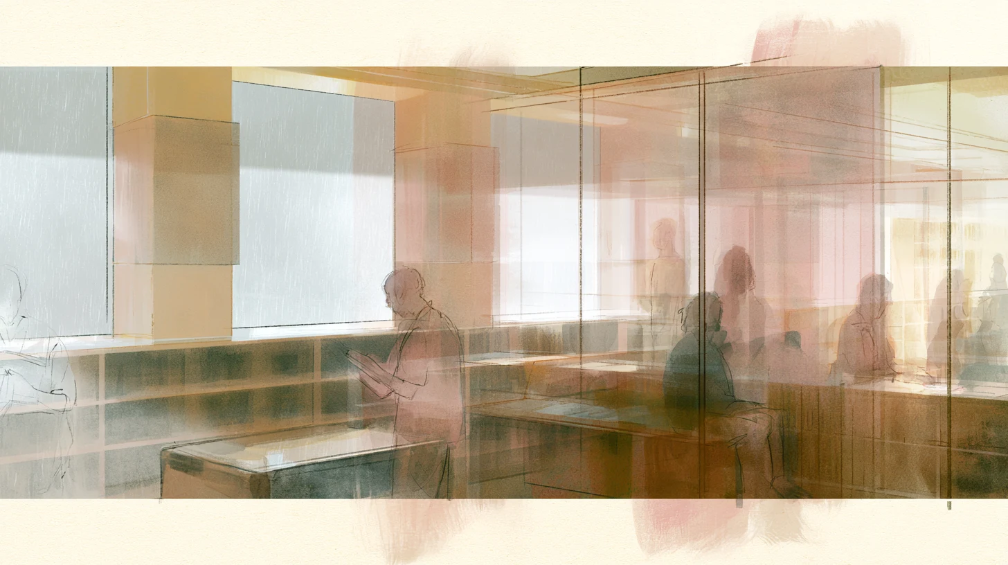A softly lit communal interior with translucent partitions, rain-streaked windows, low shelves, and quiet figures seated or standing in partial reflection.