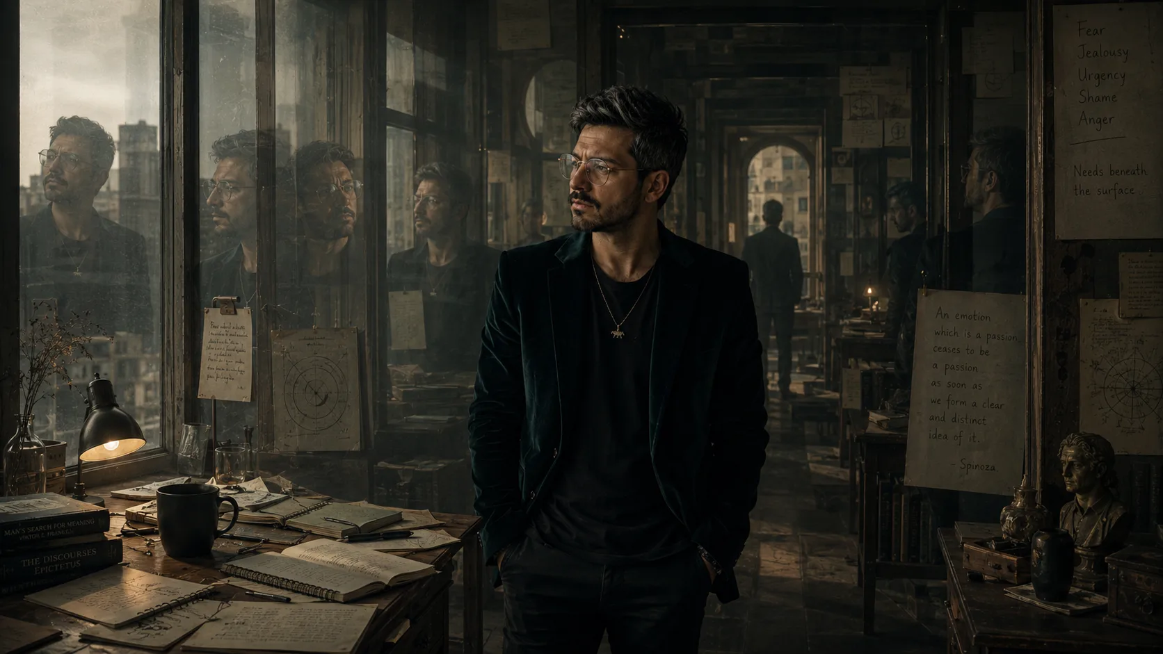 A man stands in a dim recursive study surrounded by reflective windows, notebooks, diagrams, and faint mirrored versions of himself.