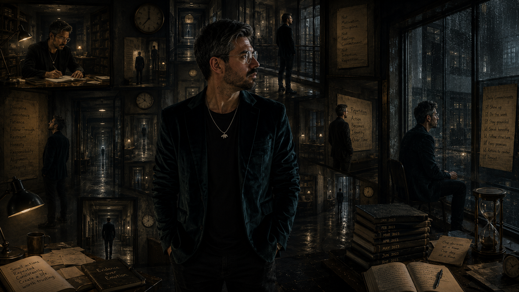 A restrained philosophical portrait of a man standing within a vast recursive architectural interior filled with reflective corridors, dim libraries, rain-covered observation windows, notebooks, clocks, and layered reflections of himself quietly engaged in repeated acts of discipline, patience, and grounded routine.