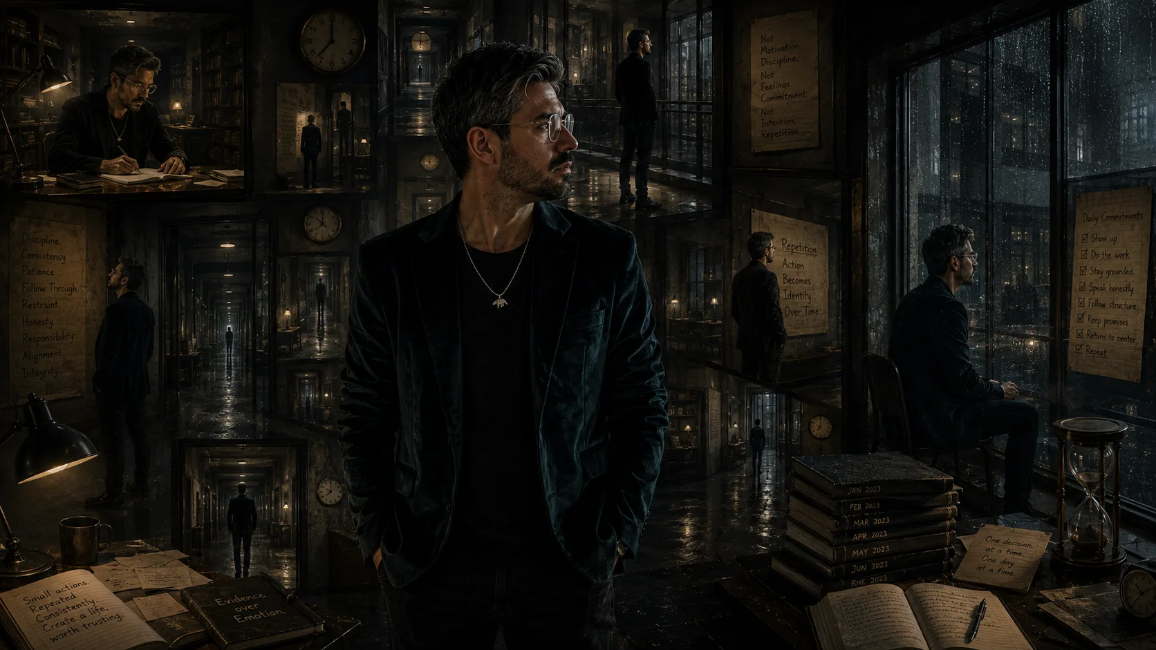 A restrained philosophical portrait of a man standing within a vast recursive architectural interior filled with reflective corridors, dim libraries, rain-covered observation windows, notebooks, clocks, and layered reflections of himself quietly engaged in repeated acts of discipline, patience, and grounded routine.