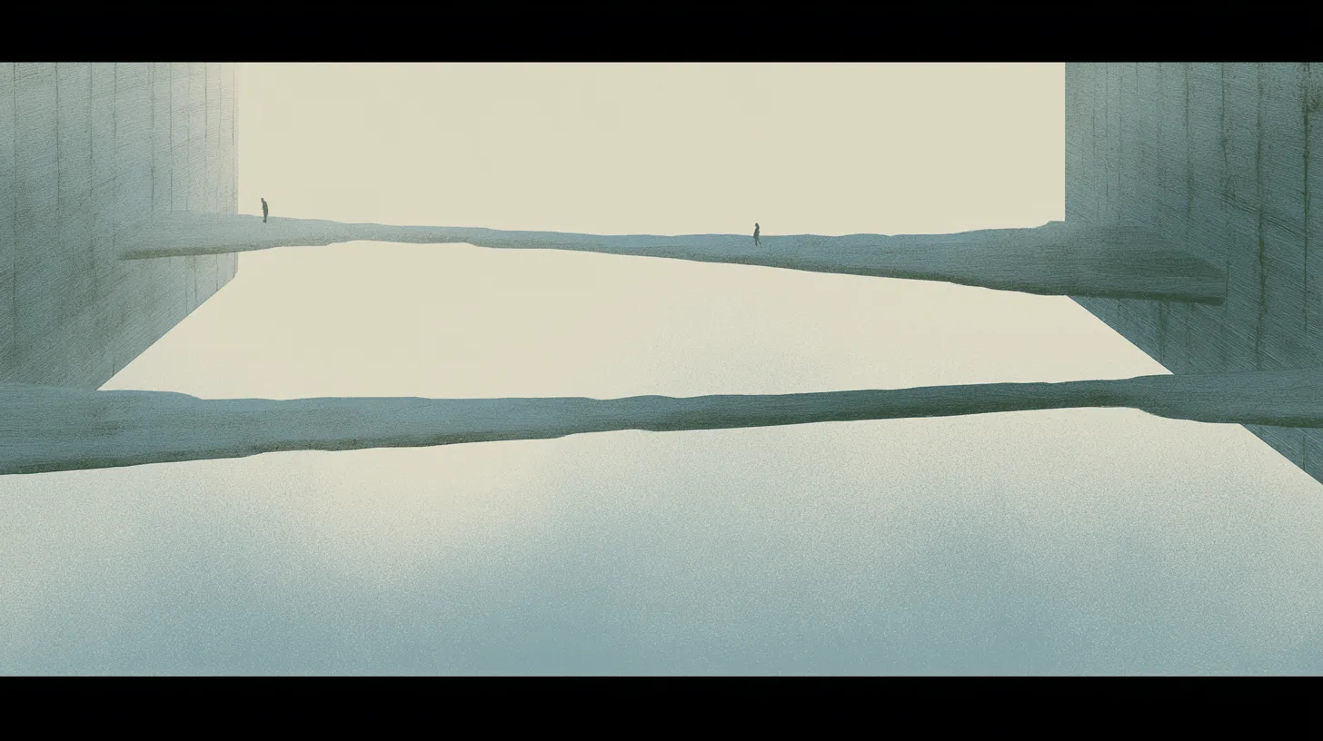 Tiny solitary figures repeatedly traversing interconnected suspended pathways within monumental architectural spaces.