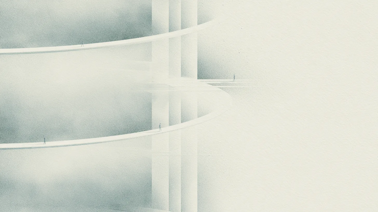 Tiny solitary figures moving through monumental looping architectural pathways that gradually reconnect and return through layered institutional spaces.