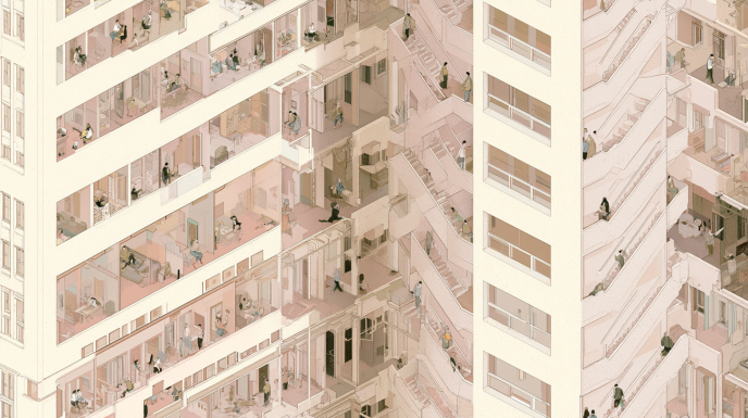 Layered apartment-like architectural interiors filled with repeating rooms, stairwells, and small human routines unfolding simultaneously across interconnected spaces.