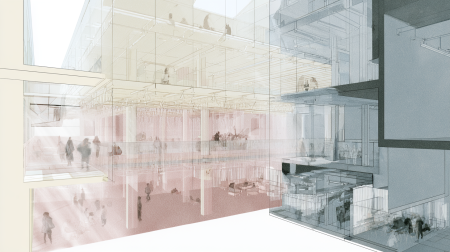 Interconnected layered communal interiors where repeated emotional and behavioral patterns gradually shape the atmosphere and structure of the environment over time.
