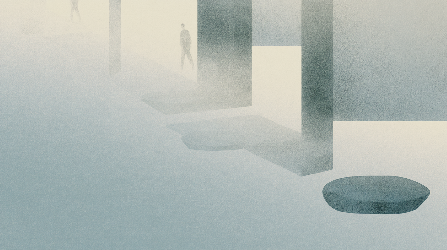 Multiple solitary figures existing within an interconnected architectural environment that emphasizes shared participation, grounding, and collective stability.