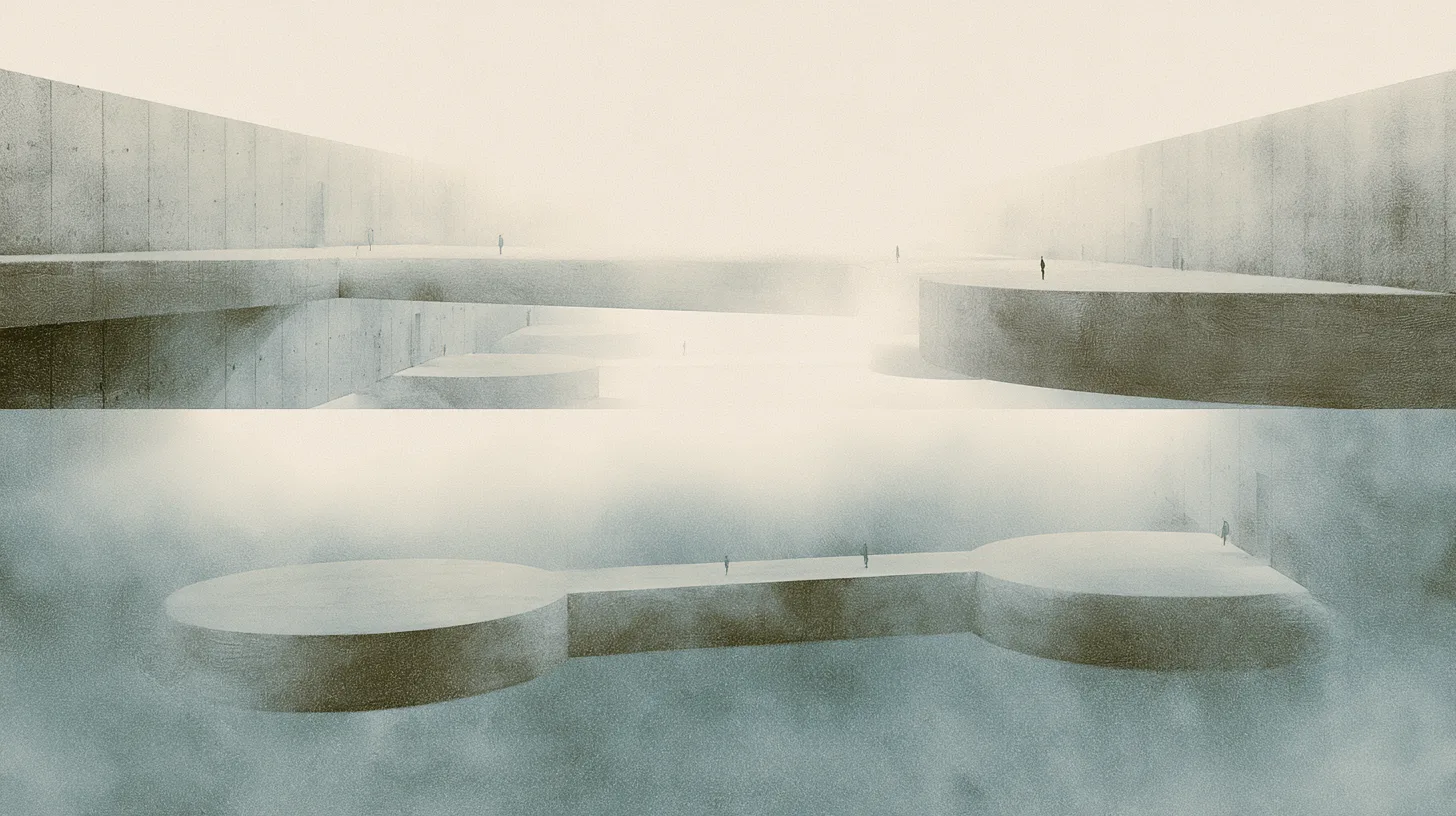 Multiple small figures moving through interconnected architectural pathways and shared monumental recovery spaces.
