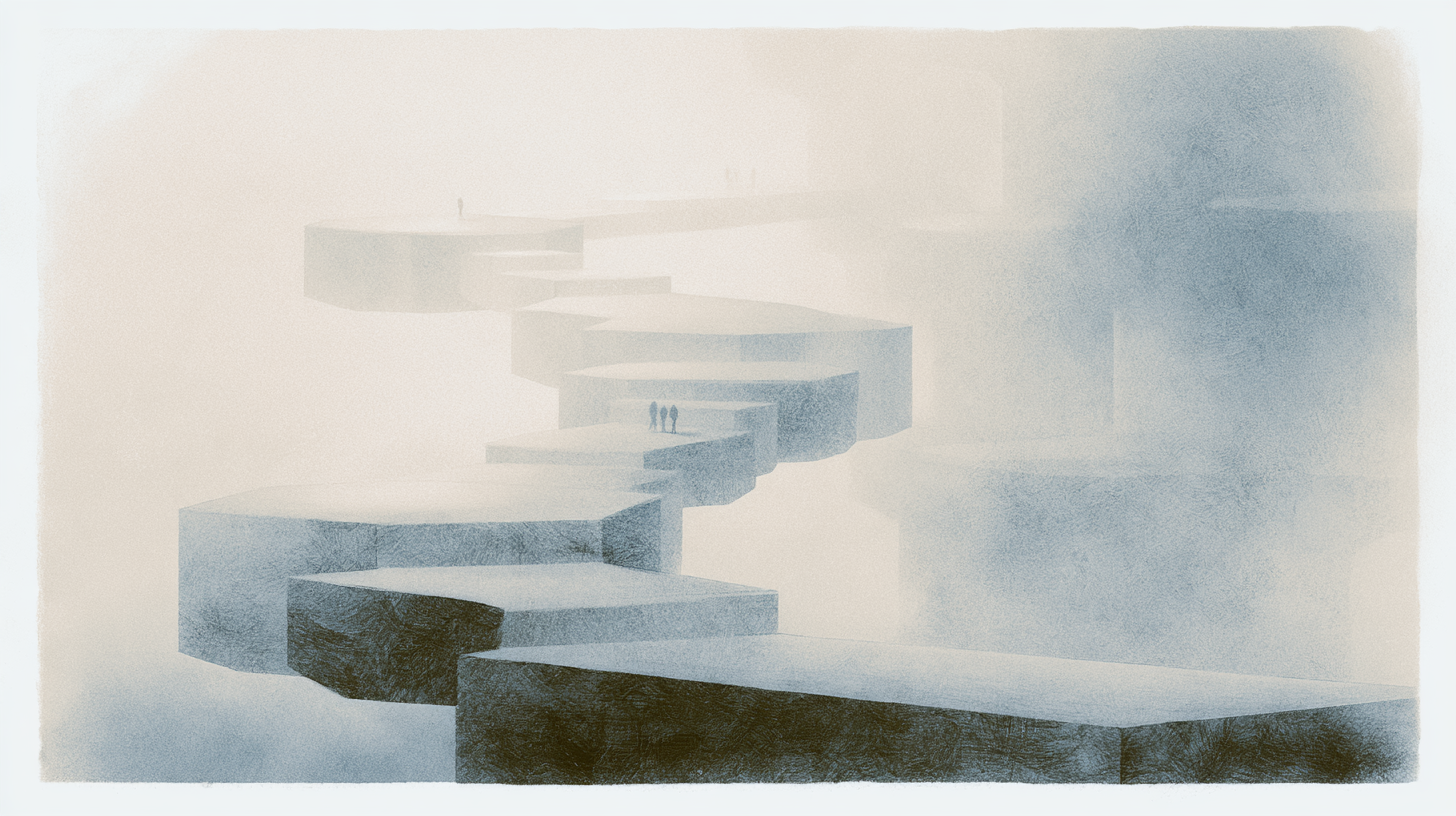 Interconnected suspended architectural pathways with small human figures moving collectively through a fog-filled recovery environment.