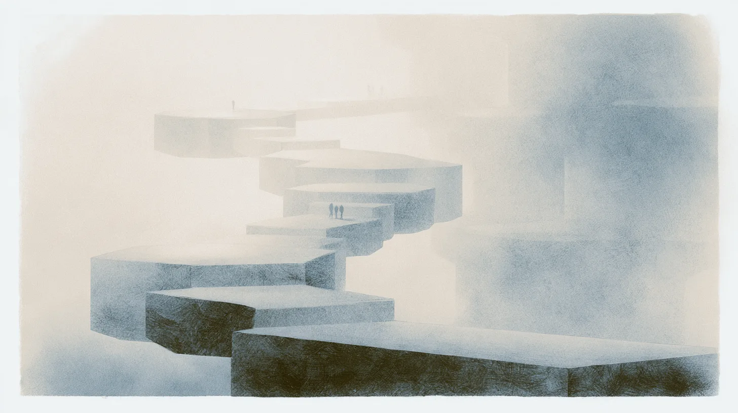 Interconnected suspended architectural pathways with small human figures moving collectively through a fog-filled recovery environment.