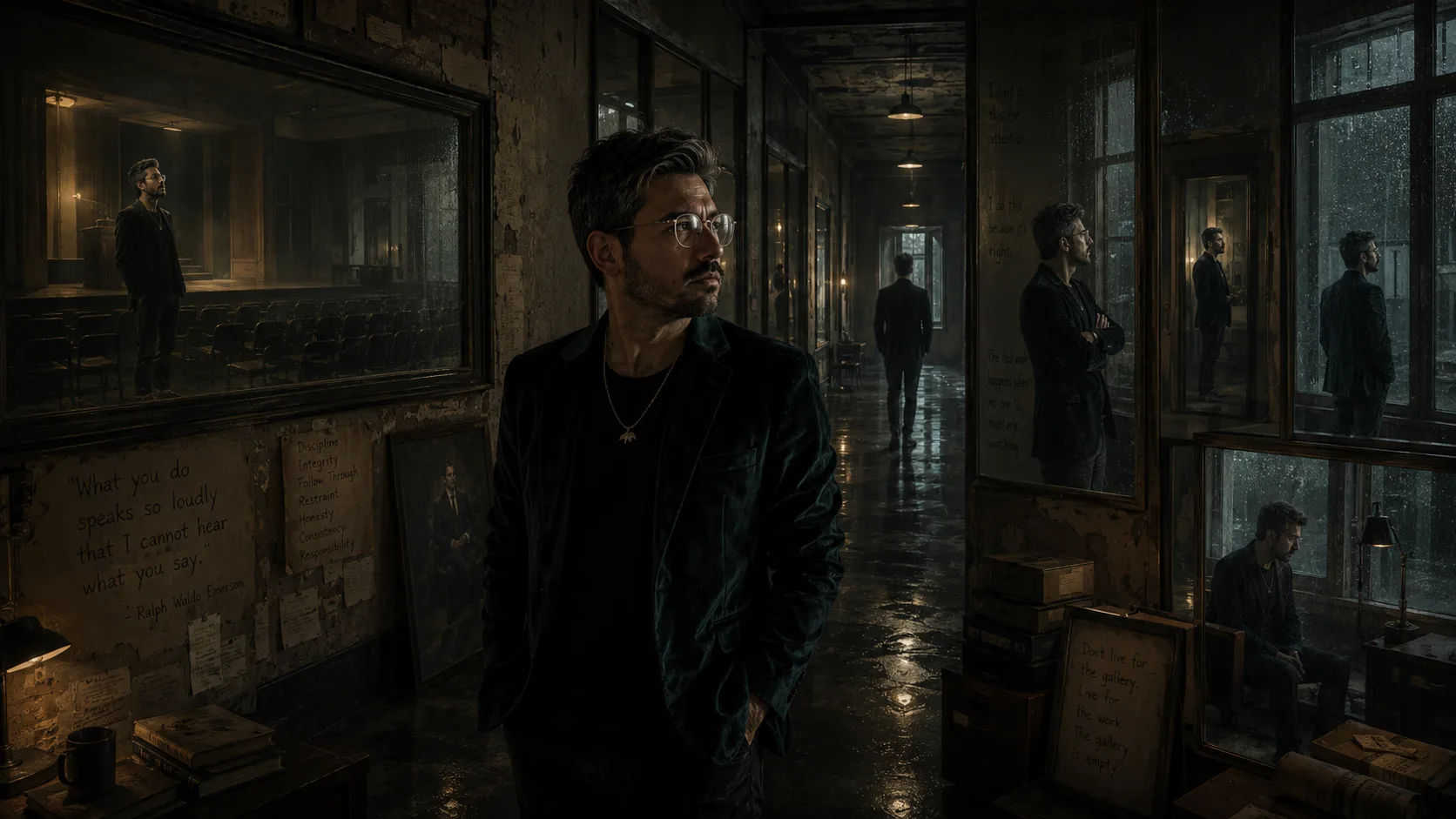 A restrained philosophical portrait of a man standing within a dim recursive architectural interior filled with reflective corridors, rain-darkened observation windows, empty galleries, and fragmented reflections, exploring the tension between genuine transformation and the desire for that transformation to be witnessed by others.