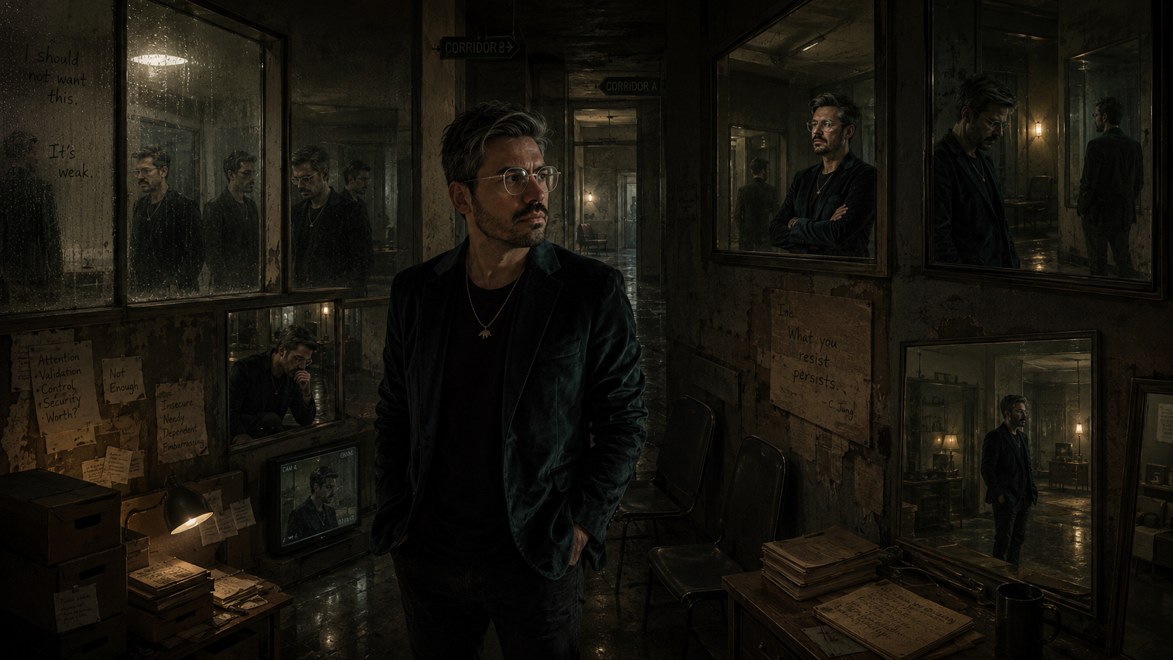 A restrained philosophical portrait of a man standing within a dim recursive architectural interior filled with fragmented reflections, rain-darkened mirrors, observation windows, and repeating corridors, exploring the psychological tension created by resisting difficult emotions and internal fragmentation.