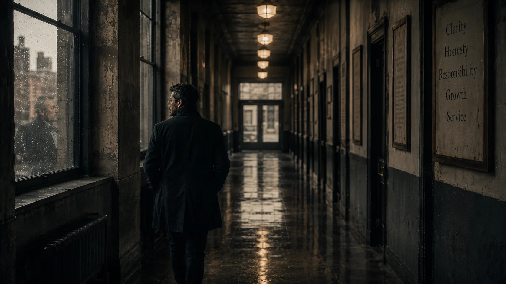 Reflective figure standing within a psychologically distorted transitional hallway surrounded by recursive architectural depth and muted window reflections.