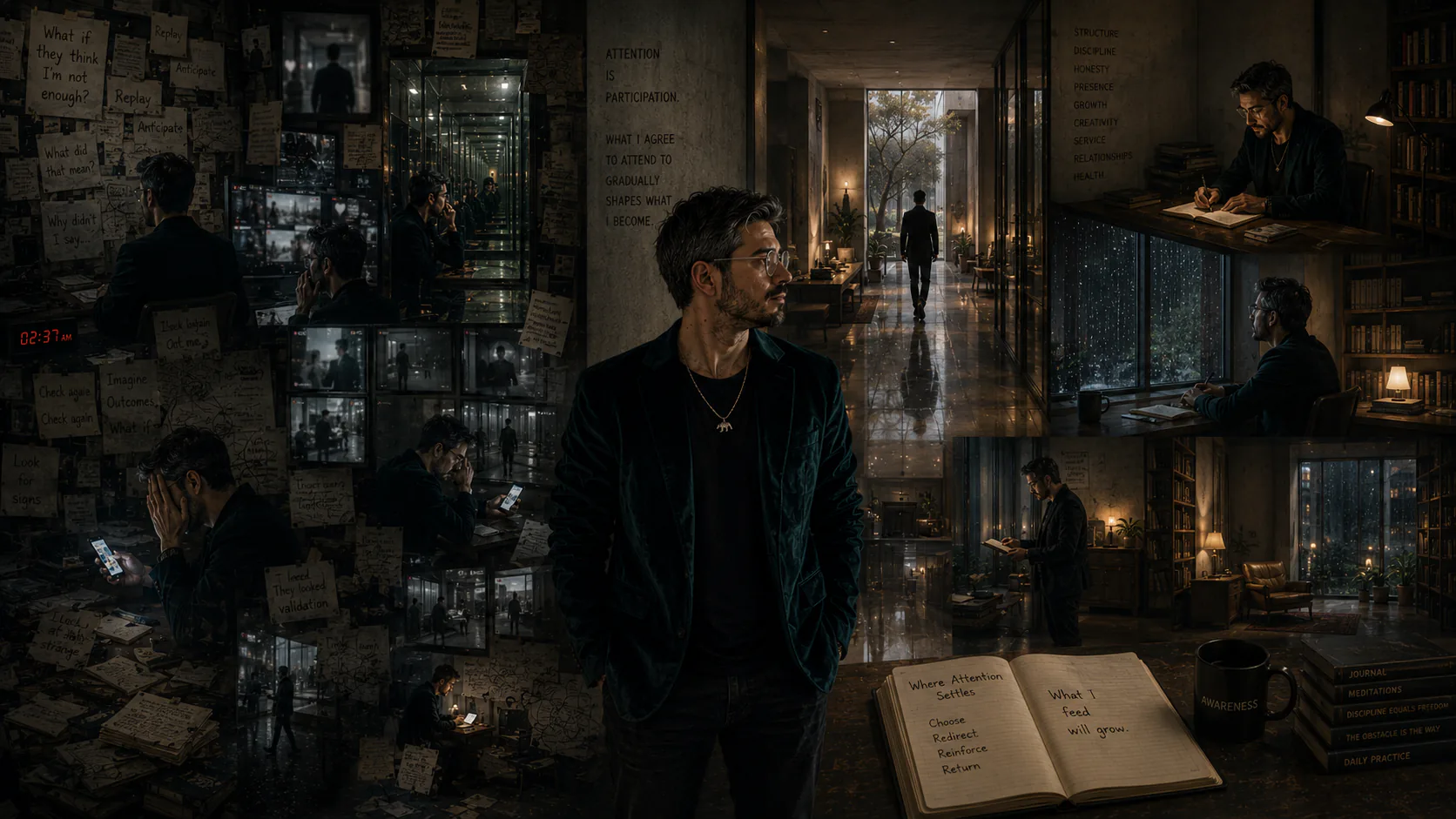 A contemplative man stands within a dim psychologically symbolic architectural environment where chaotic walls of notes, screens, reflections, and obsessive thought patterns gradually transition into calmer libraries, rain-darkened observation rooms, and grounded spaces of discipline and quiet attention. The composition explores how repeated attention slowly shapes emotional reality, identity, and internal life over time through atmosphere, structure, and environmental transformation rather than dramatic action.