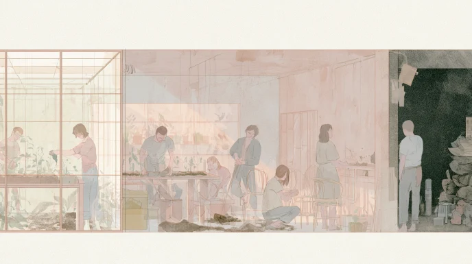 A muted communal interior opens into a greenhouse and workroom, where several figures tend plants, arrange chairs, and move near a darker storage corner.
