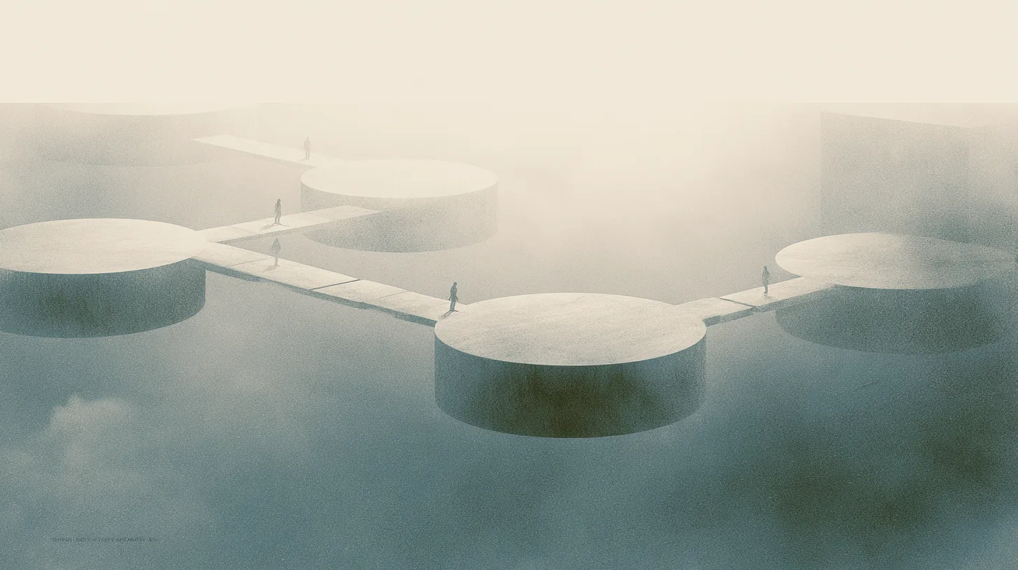 Interconnected suspended recovery platforms with small human figures moving across shared pathways through dense atmospheric fog.