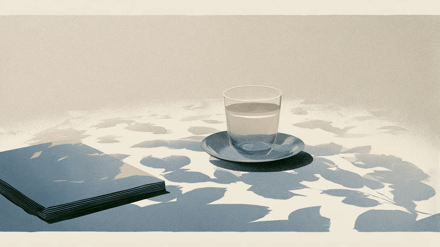 Layered architectural interior spaces with recurring notebooks, stacked papers, tables, and glasses suggesting gradual outcomes formed through repeated daily actions over time.