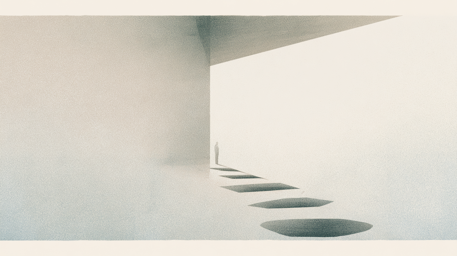 A distant solitary figure moving through a restrained architectural interior marked by repeated forms and soft directional light.