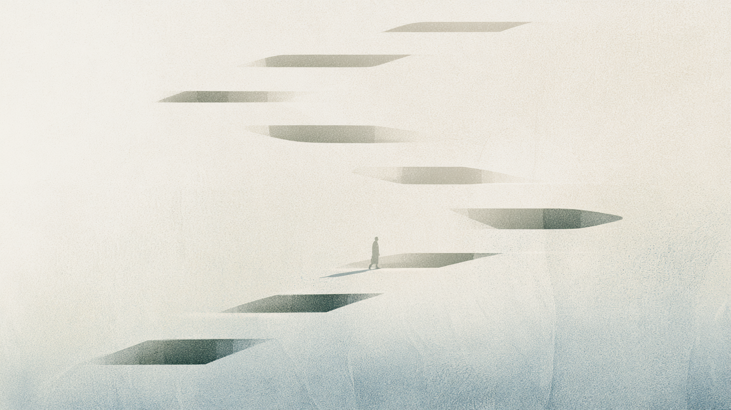 A distant solitary figure moving through repeated architectural forms within a restrained recovery-oriented interior filled with soft natural light.