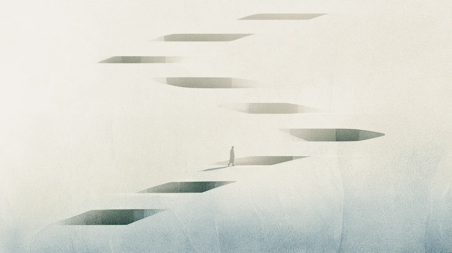 A distant solitary figure moving through repeated architectural forms within a restrained recovery-oriented interior filled with soft natural light.