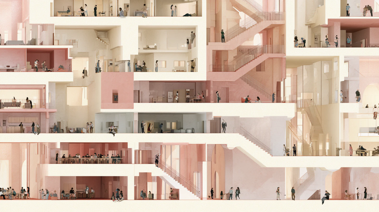 A vast communal architectural ecosystem composed of interconnected rooms, stairways, shared spaces, and layered recovery-house environments filled with small human figures whose repeated participation gradually shapes the atmosphere and vitality of the structure around them.