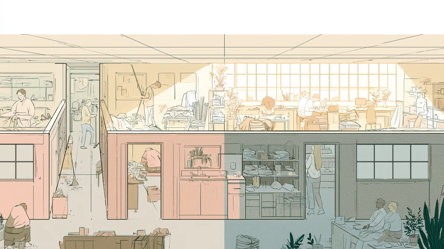 A cutaway communal residence shows people cleaning, working, writing, and sitting across warm upper rooms and cooler, partly neglected lower spaces.