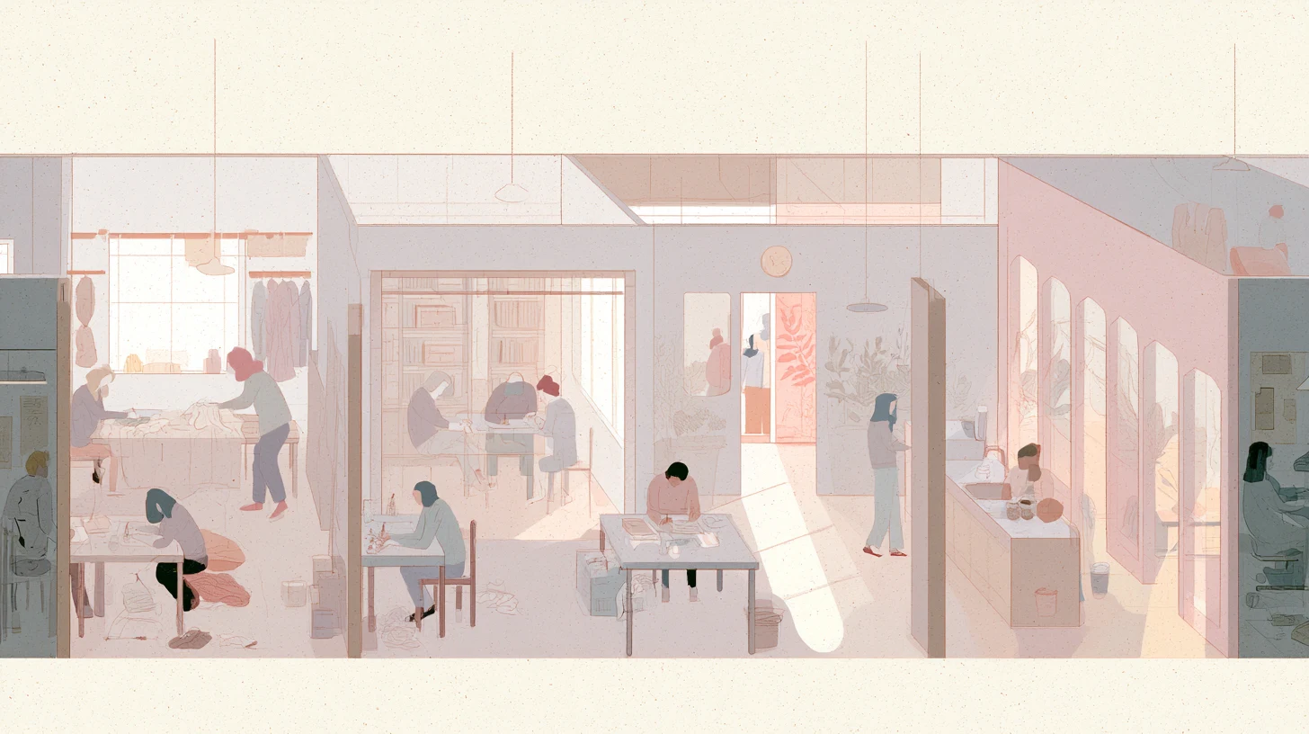 A wide communal recovery interior with several figures working, writing, and sitting in softly lit rooms divided by pale architectural partitions.