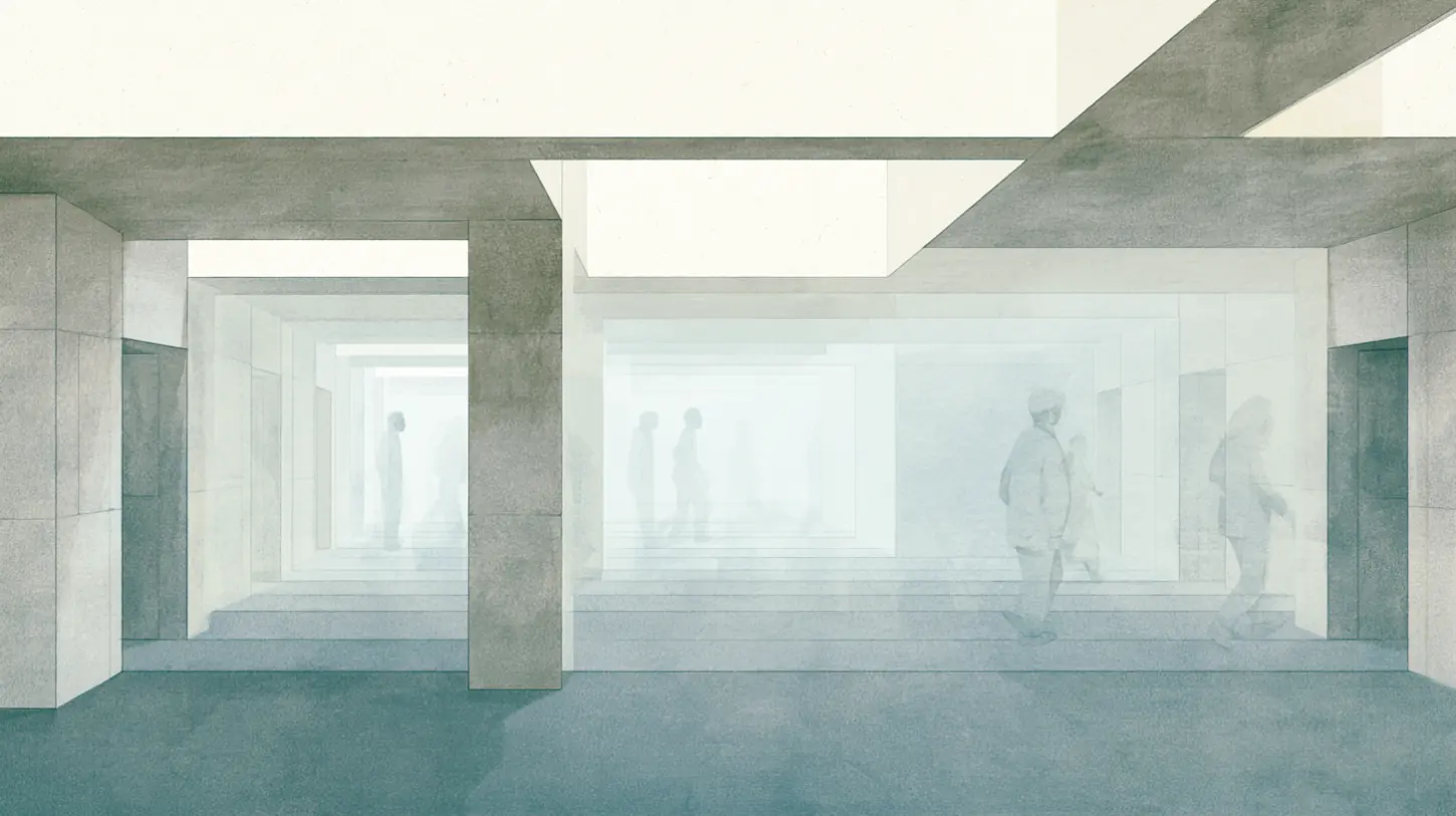 Layered architectural recovery environment with faint overlapping movement traces fading through quiet institutional space.
