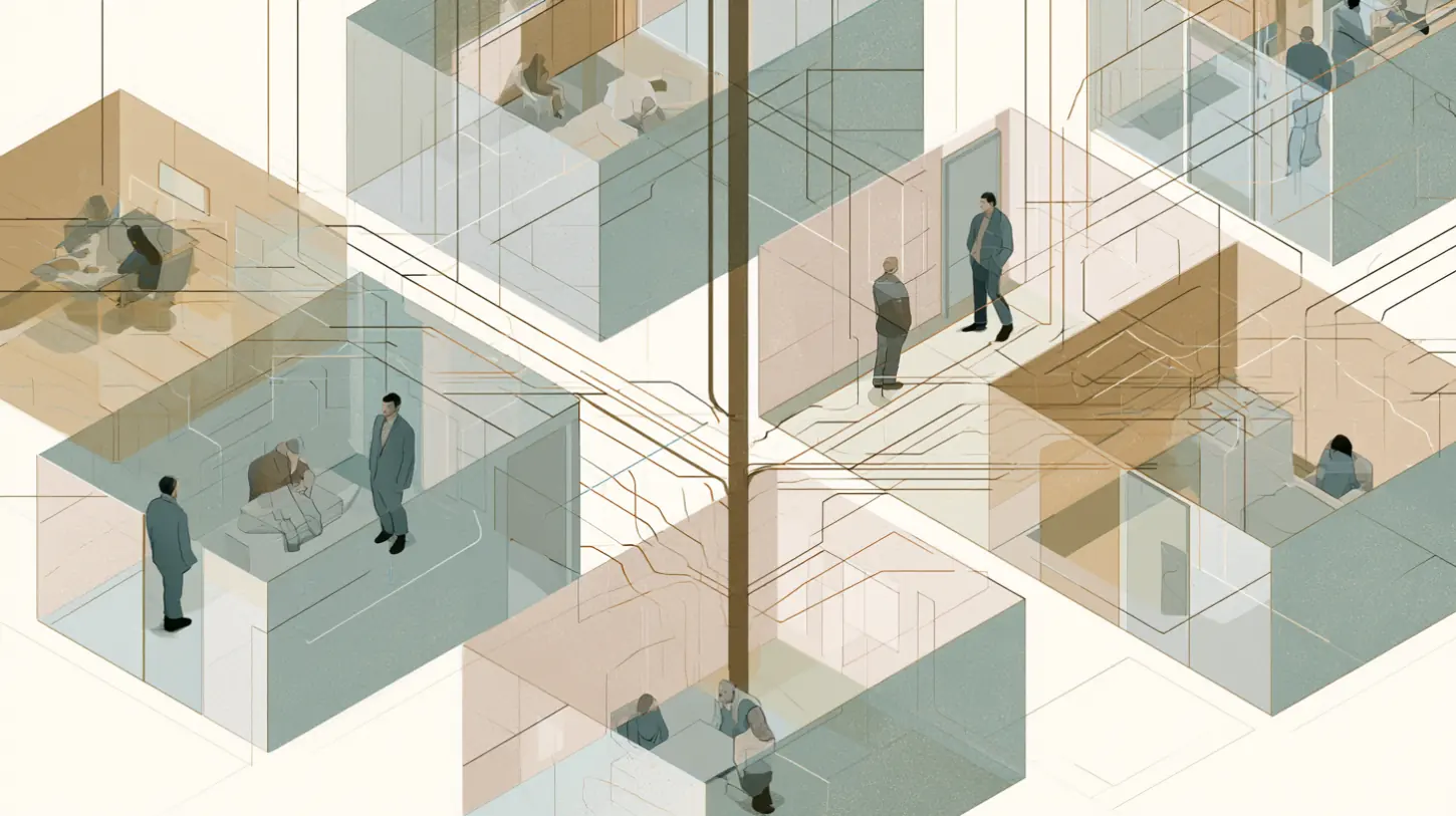 Layered recovery environments revealing multiple quiet behavioral pathways through structured architectural space.