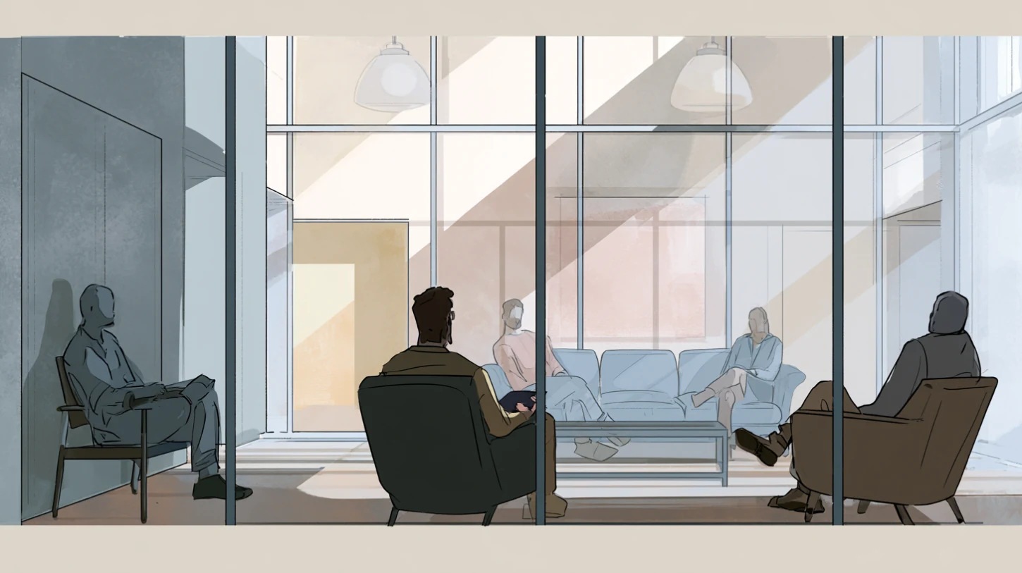 Quiet communal recovery environment where emotional reflection is held consciously within soft architectural structure.  