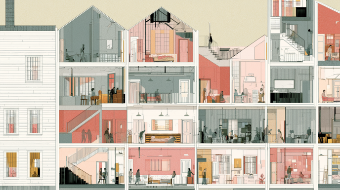 Layered recovery-house interiors shaped through repeated behavioral participation and gradual everyday reconstruction.