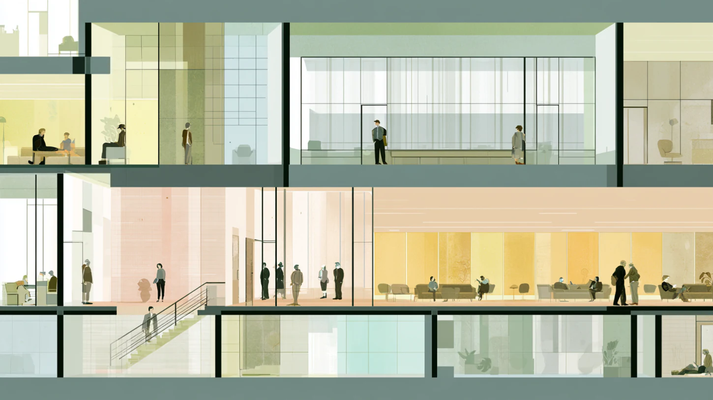 Layered recovery environments gently guiding movement from isolation into participation through shared architectural structure.