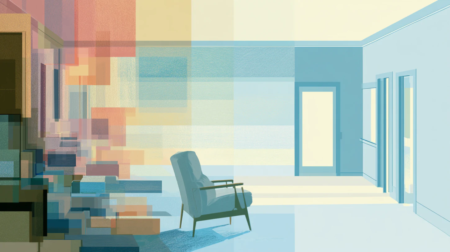 Layered recovery interior gradually softening from fragmented visual overwhelm into quiet architectural stillness.