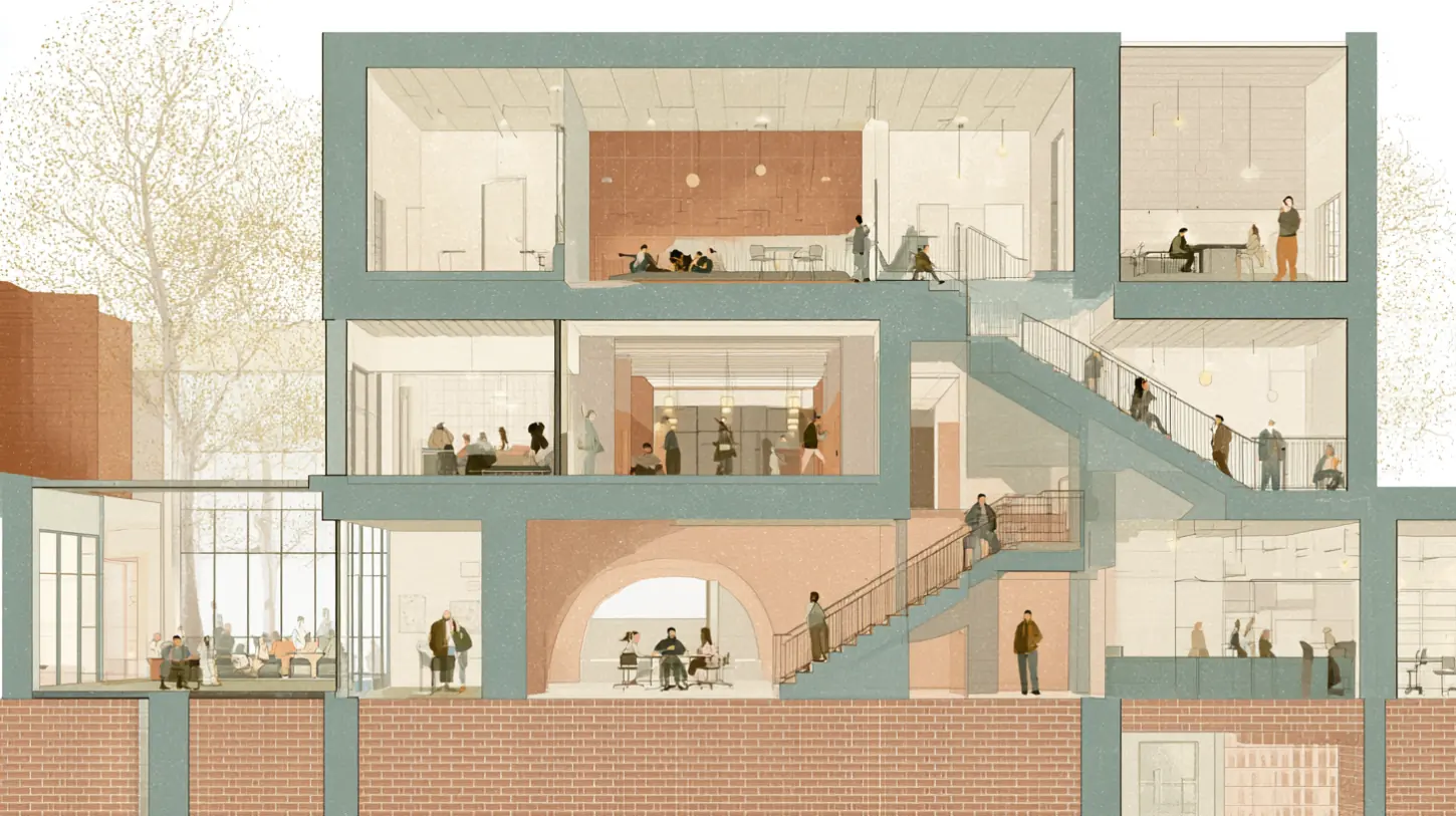 Interconnected recovery-house environment with layered communal spaces and quiet participation moving through shared structure.