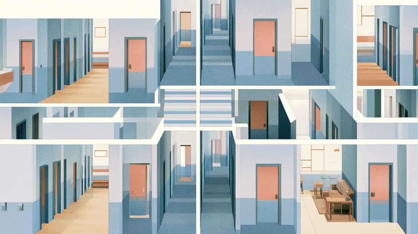 Repeating architectural recovery environment with quiet hallways and structured pathways creating a grounded sense of stability.