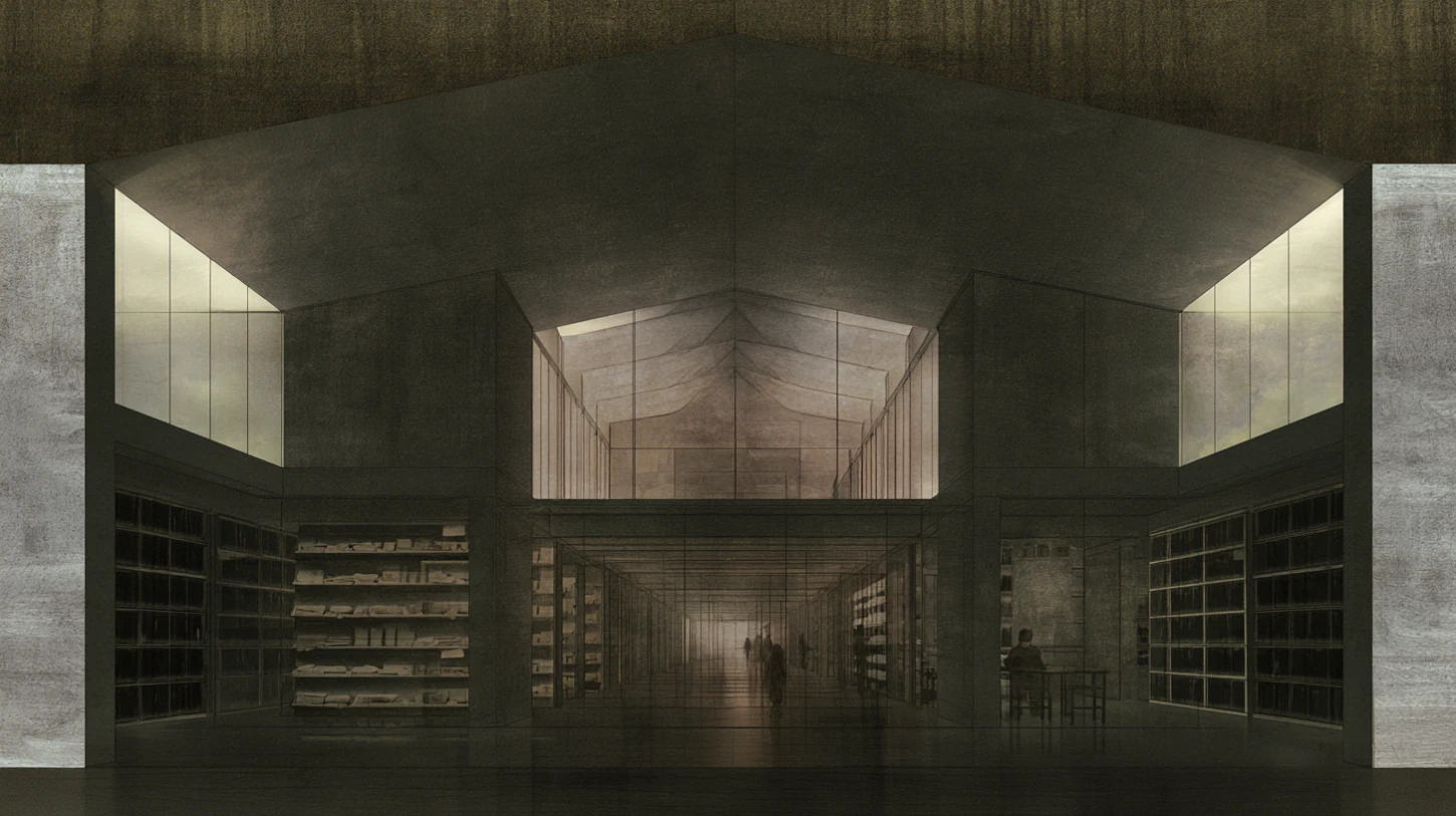 A quiet architectural archive interior representing entry into a philosophical and recovery-oriented body of work.