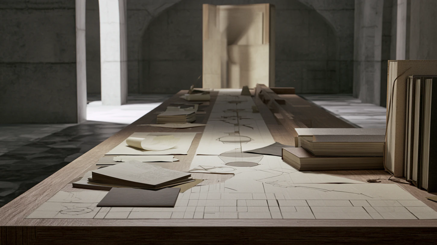 A long table filled with notes, diagrams, and books arranged in sequence inside a quiet architectural space, symbolizing deliberate philosophical and recovery-oriented progression.