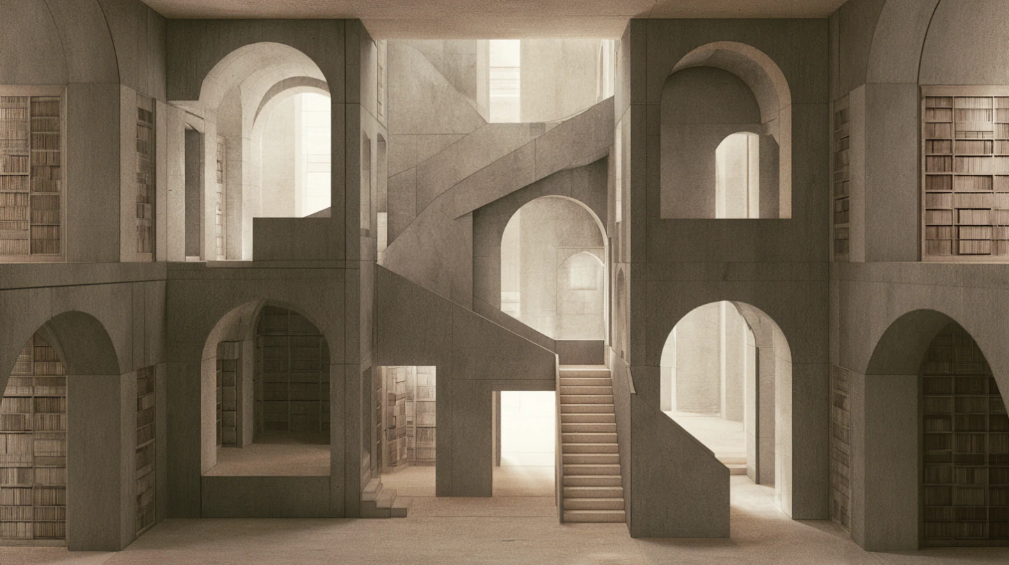 A quiet architectural interior with multiple stairways, passages, and archive spaces symbolizing different paths into philosophy, recovery, and reflection.